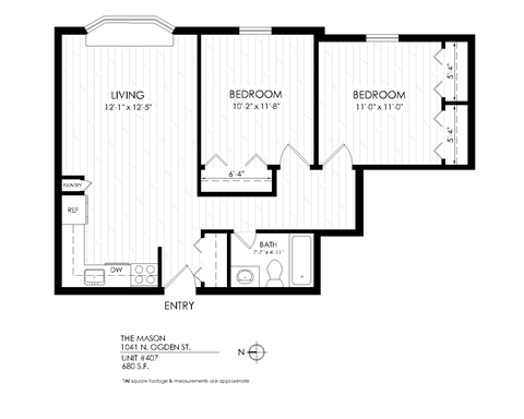 Floor plan for 2 beds, 1 bath, 680 sqft
